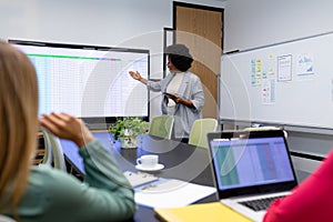 African american businesswoman giving presentation to diverse group of colleagues in meeting room