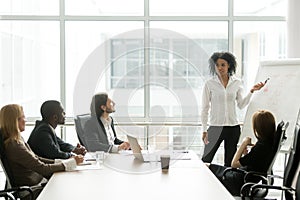 African-american businesswoman giving presentation to executive photo