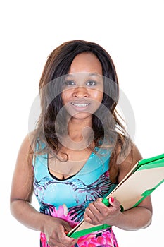 African american businesswoman holding clipboard reading paper documents in office