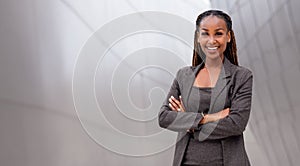 African American businesswoman leader, boss, CEO, financial corporate advisor in full wide banner photo