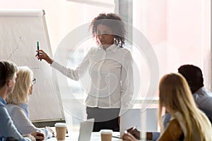 African American businesswoman make whiteboard presentation for employees