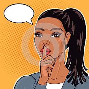 African american businesswoman in pop art retro cimic style with finger on lips for quiet please, stop talking, keeping business s