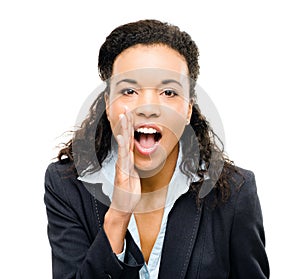 african american businesswoman shouting isolated white background