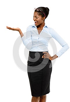 African American businesswoman showing empty copy space