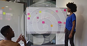 African american businesswoman standing at whiteboard giving presentation to colleague