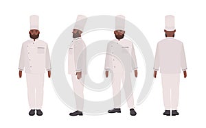 African American chef, qualified cook, restaurant or culinary worker wearing uniform. Male cartoon character isolated on