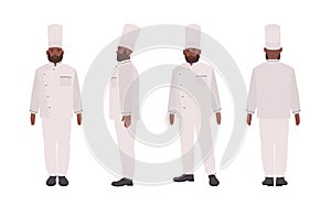 African American chef, qualified cook, restaurant or culinary worker wearing uniform. Male cartoon character isolated on photo