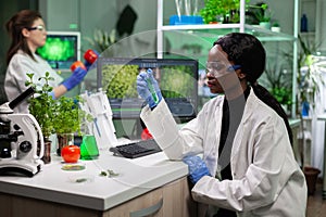 African american chemist researcher holding medical test tube with gmo solution