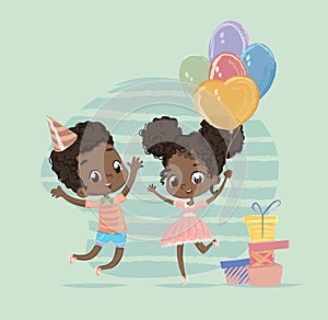 African American Child Birthday Party Character Holding Balloon. Cute Happy Baby Boy and Girl Jump at Present Box