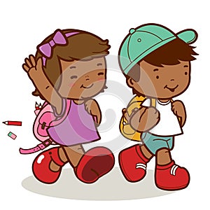 African American children walk to school. Vector illustration