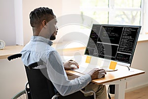 African American Coder Using Computer At Desk