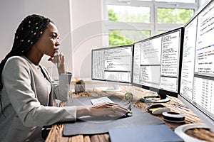 African American Coder Using Computer At Desk