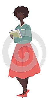 African American college student girl or young teacher holding books