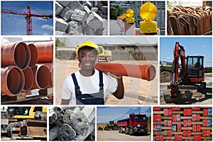 African american construction worker with pipe and construction