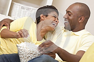 African American Couple Eat Popcorn Watch Movie