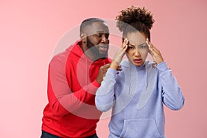 African american couple have fight arguing woman fed up cannot hear apologize anymore hold hands temples frowning