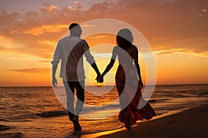 An African American couple holding hands, walking along a beach at sunset, conveying romance and love. Generative AI