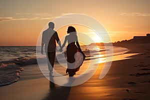 An African American couple holding hands, walking along a beach at sunset, conveying romance and love. Generative AI