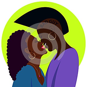 African American couple in love. Kiss, vector illustration.