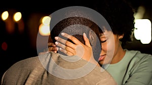 African american couple nuzzling, intimate date, sexual desire, seducing girl