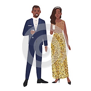 African American couple in posh elegant evening clothes drinking alcohol isolated on white background. Stylish romantic photo