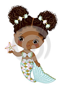 African American Cute Little Mermaid with Starfish