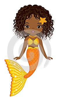 African American Cute Mermaid with Orange Fishtail. Vector Mermaid