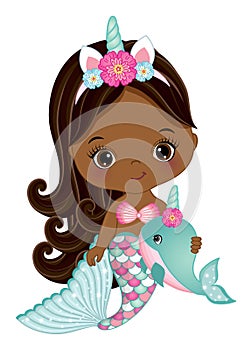 African American Cute Unicorn Mermaid with Whale