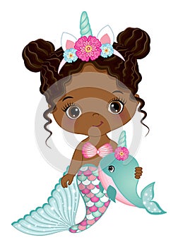 African American Cute Unicorn Mermaid with Whale