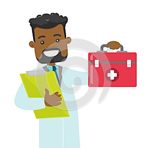 African-american doctor holding a first aid box.