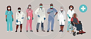 African American Doctor and Nurse Wearing Face Mask and Medical Gloves. Medical people profession modern vector flat