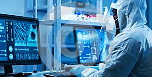 African-american doctor in protective suit is doing a science experiments and developing vaccine in a modern lab