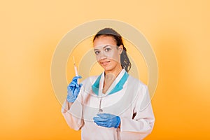 African-American doctor woman, mask, stethoskope, robe, vaccine