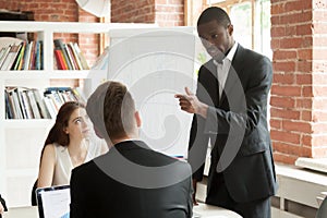 African american employee behaving rudely during briefing meetin