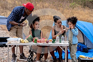 African american family  eating food during picnic