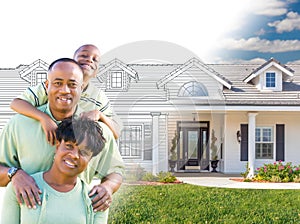 African American Family In Front of Drawing of New House Gradating Into Photograph.