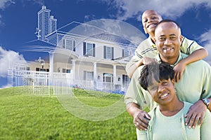 African American Family with Ghosted House Drawing Behind