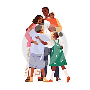African-American family hugging. Black people, happy parents, mother, father and kids embracing. Mom, dad, baby