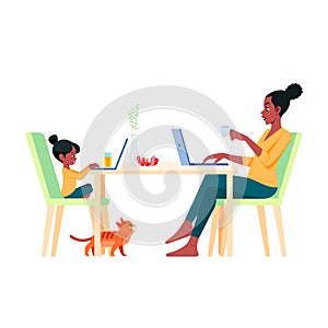 African american Family mother and daughter sitting at desk and working on computer at home. Female freelance worker