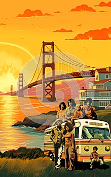 African American Family Traveling with a Caravan in California 70s Retro Style Illustration
