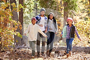 African American Family Walking Through Fall Woodland