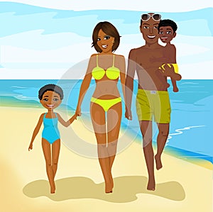 African american family walking happy along beach