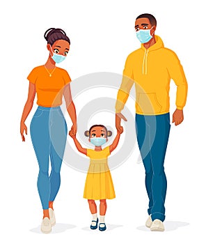 African American family wearing masks to protect from Covid-19. Vector illustration.