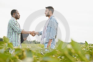 An African-American farmer and an Indian businessman in a soybean field discuss the sale of soybeans