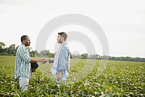 An African-American farmer and an Indian businessman in a soybean field discuss the sale of soybeans