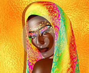 African American Fashion Beauty with head veil and glitter cosmetics