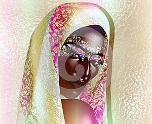 African American Fashion Beauty with head veil and glitter cosmetics.