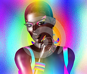 African American Fashion Beauty. A stunning colorful image of a beautiful woman with matching makeup, accessories and clothing