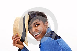 African american fashion model smiling with hat