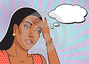 African american fatigue woman face with thinking balloon illustration in pop art retro comic style, sad woman portrait